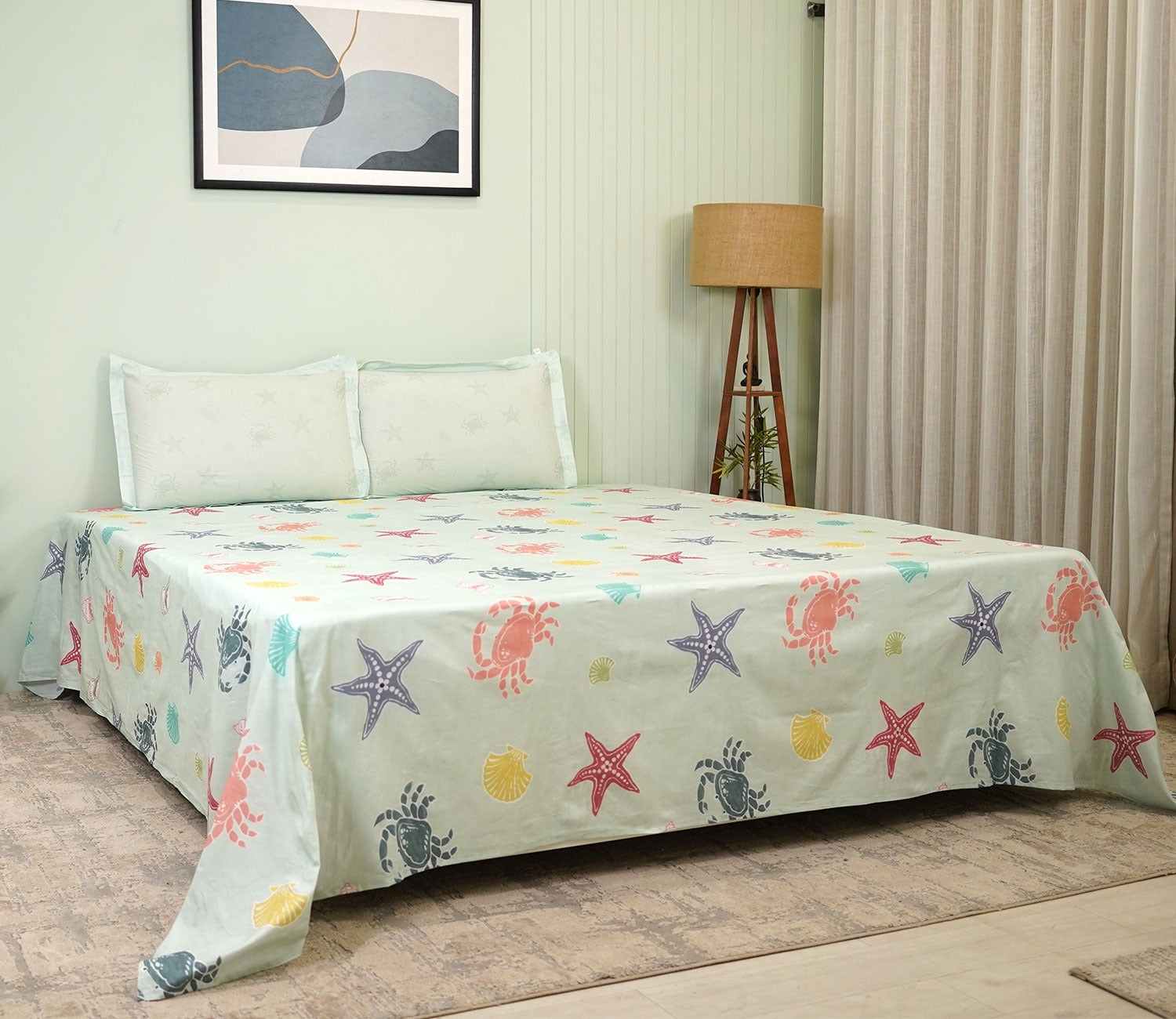 Star And Octopus Flat Cotton Kids Bed Sheet King Size with 2 Pillow Covers