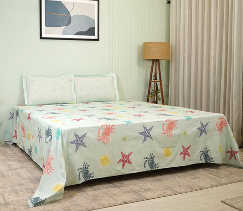 Star And Octopus Flat Cotton Kids Bed Sheet King Size with 2 Pillow Covers
