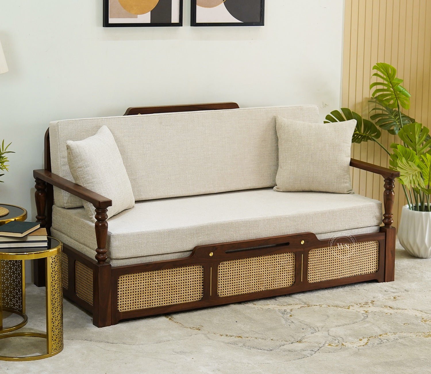 Ayaana Sheesham Wood 3 Seater Sofa Cum Bed with Cane Weaving | Opens to Double Bed (78x62) | Premium Upholstery | Sleeps 2 Adults (Teak Finish, Jade Ivory)