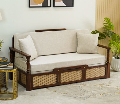 Ayaana Sheesham Wood 3 Seater Sofa Cum Bed with Cane Weaving | Opens to Double Bed (78x62) | Premium Upholstery | Sleeps 2 Adults (Teak Finish, Jade Ivory)
