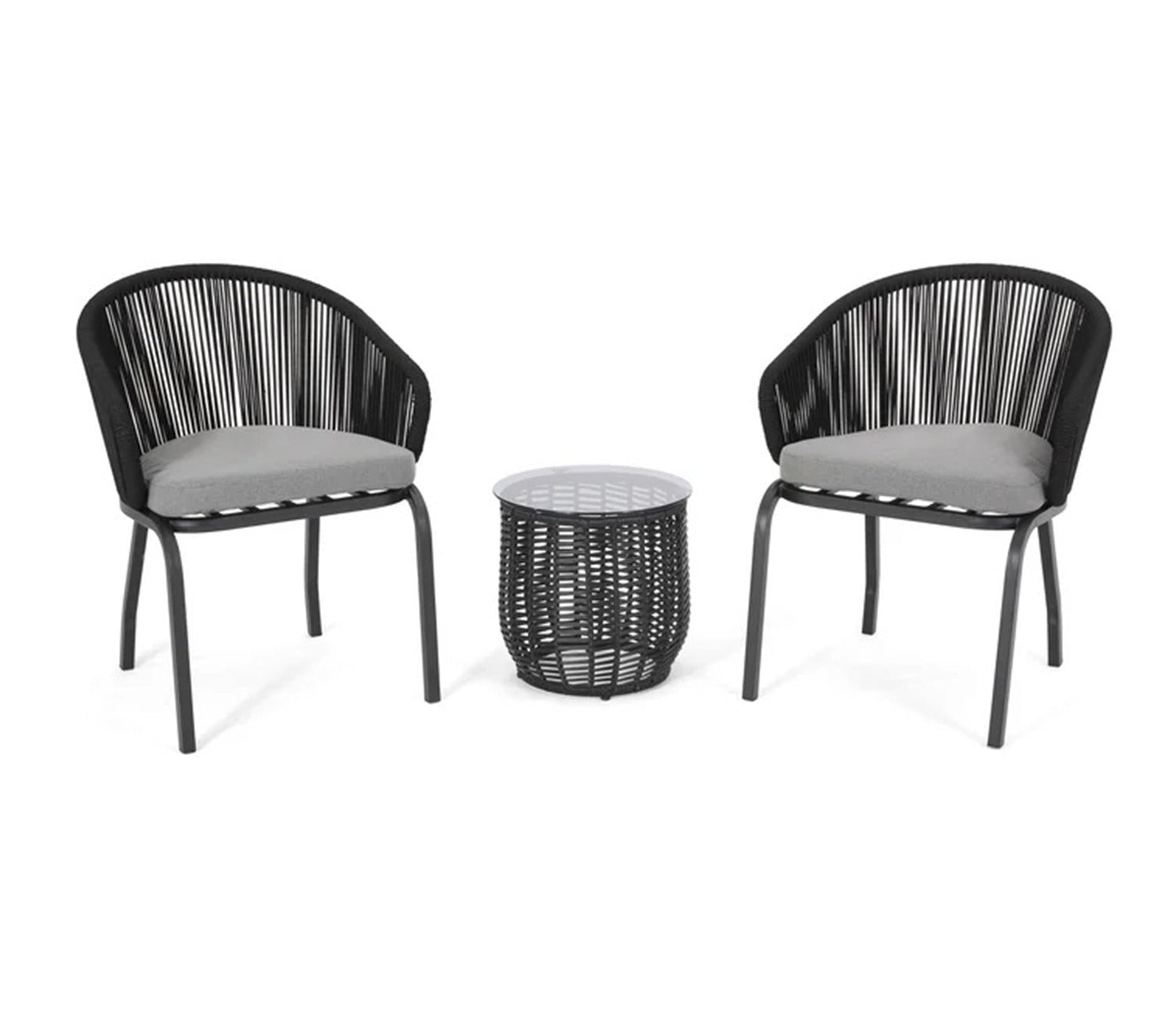 Black Rope 2 Seater Chair With Table And Grey Cushions Balcony Set