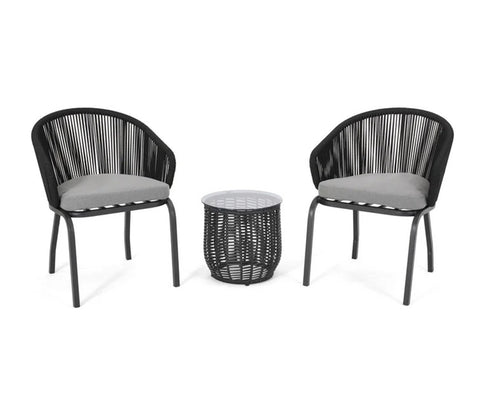 Black Rope 2 Seater Chair With Table And Grey Cushions Balcony Set