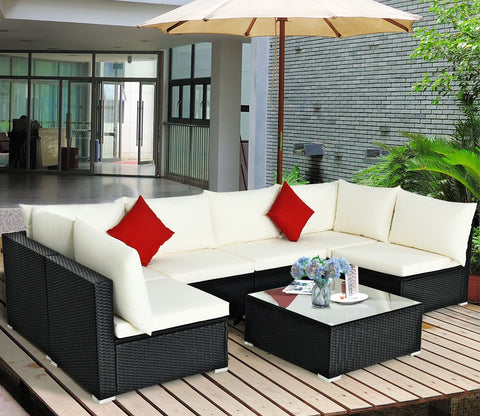 Black Rattan And Wicker 6 Seater Sofa Set With Table And White Cushions