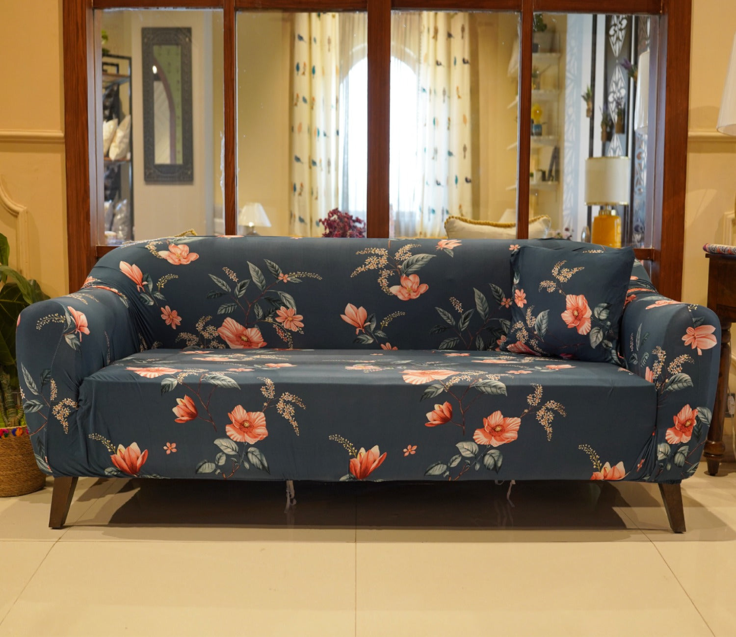 Flaubert Floral Printed Polyester Spandex 3 Seater Sofa Cover (Blue)