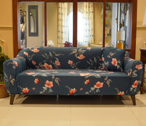 Flaubert Floral Printed Polyester Spandex 3 Seater Sofa Cover (Blue)