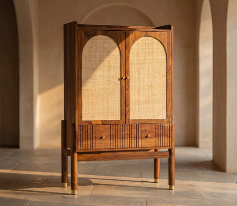 Amodh Sheesham Wood Bar Cabinet with Arched Cane Doors & Brass Handles (Teak Finish)