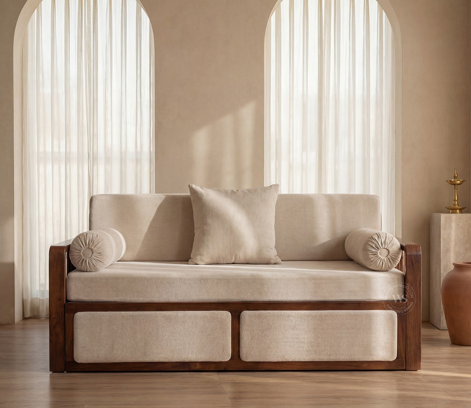 Vaastu 3-Seater Sheesham Wood Sofa Cum Bed in Premium Upholstery with Cane Weaving & Brass Accents (Teak Finish, Cottage Ivory)