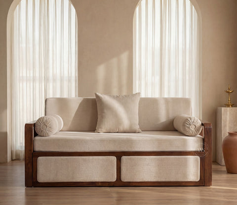 Vaastu 3-Seater Sheesham Wood Sofa Cum Bed in Premium Upholstery with Cane Weaving & Brass Accents (Teak Finish, Cottage Ivory)