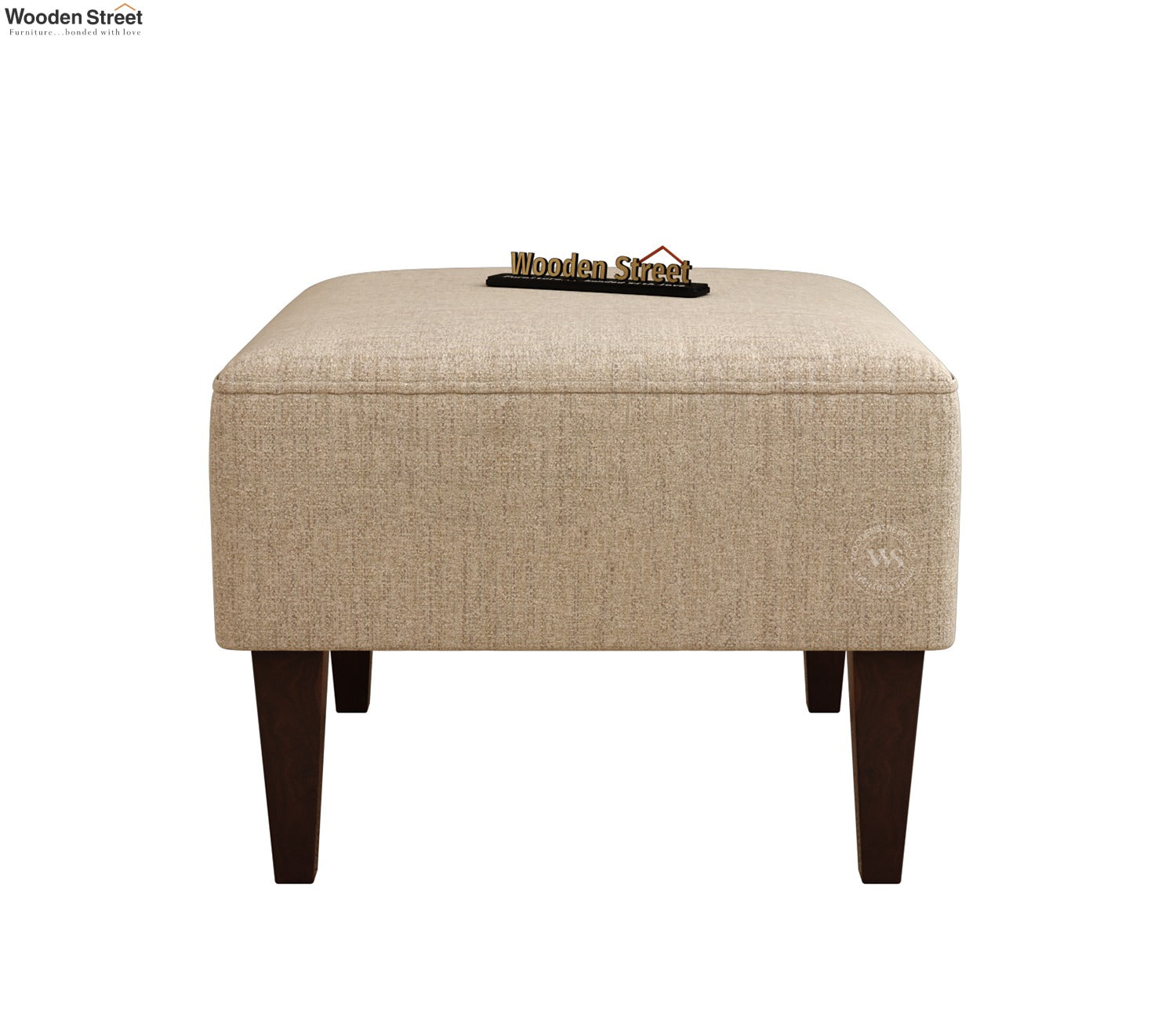 Minerva Premium Upholstered Ottoman Stool With Wooden Legs (Jade Ivory, Walnut Finish)