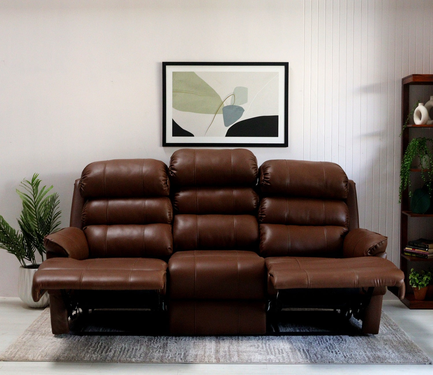 Valencia Motorized Leatherette Three Seater Middle Seat Fixed Recliner (Saddle Brown)