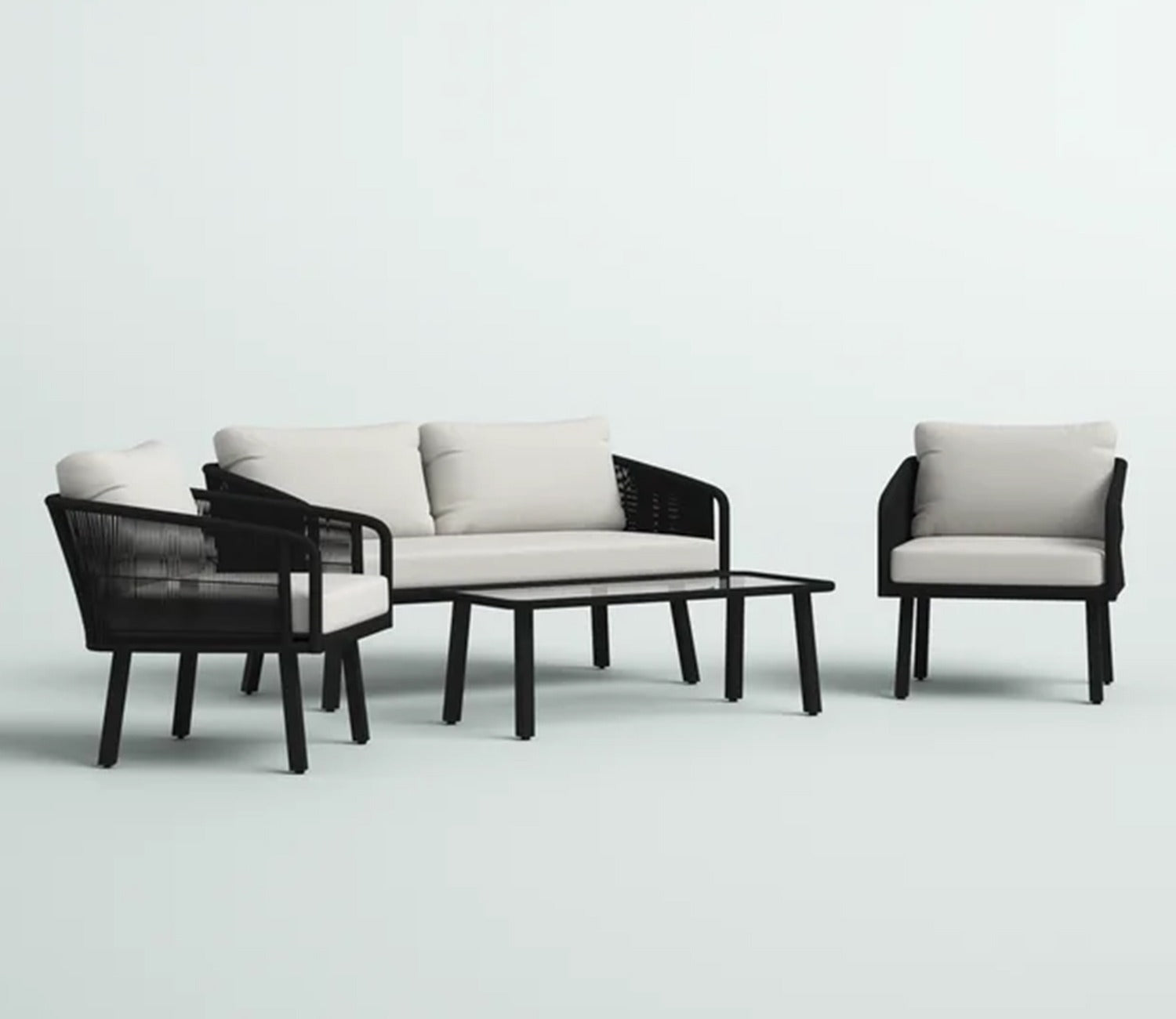 Black Rope 4 Seater With Table And Off-White Cushions Patio Set