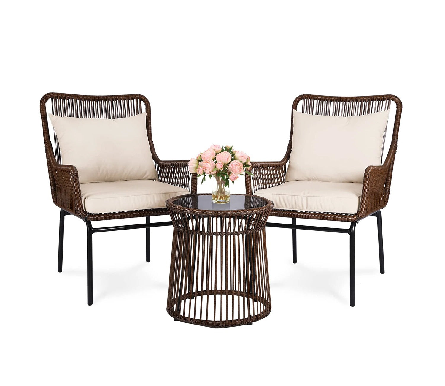 Dark Brown Rattan 2 Seater Chair With Table And Cream Cushions Balcony Set