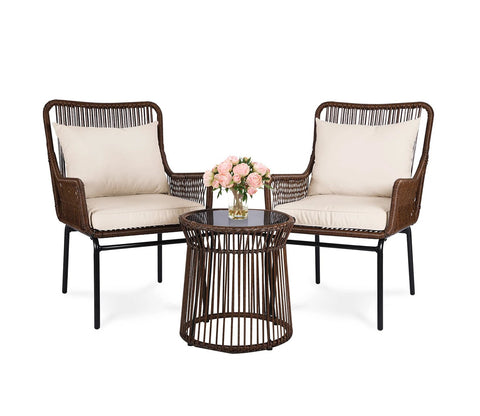 Dark Brown Rattan 2 Seater Chair With Table And Cream Cushions Balcony Set