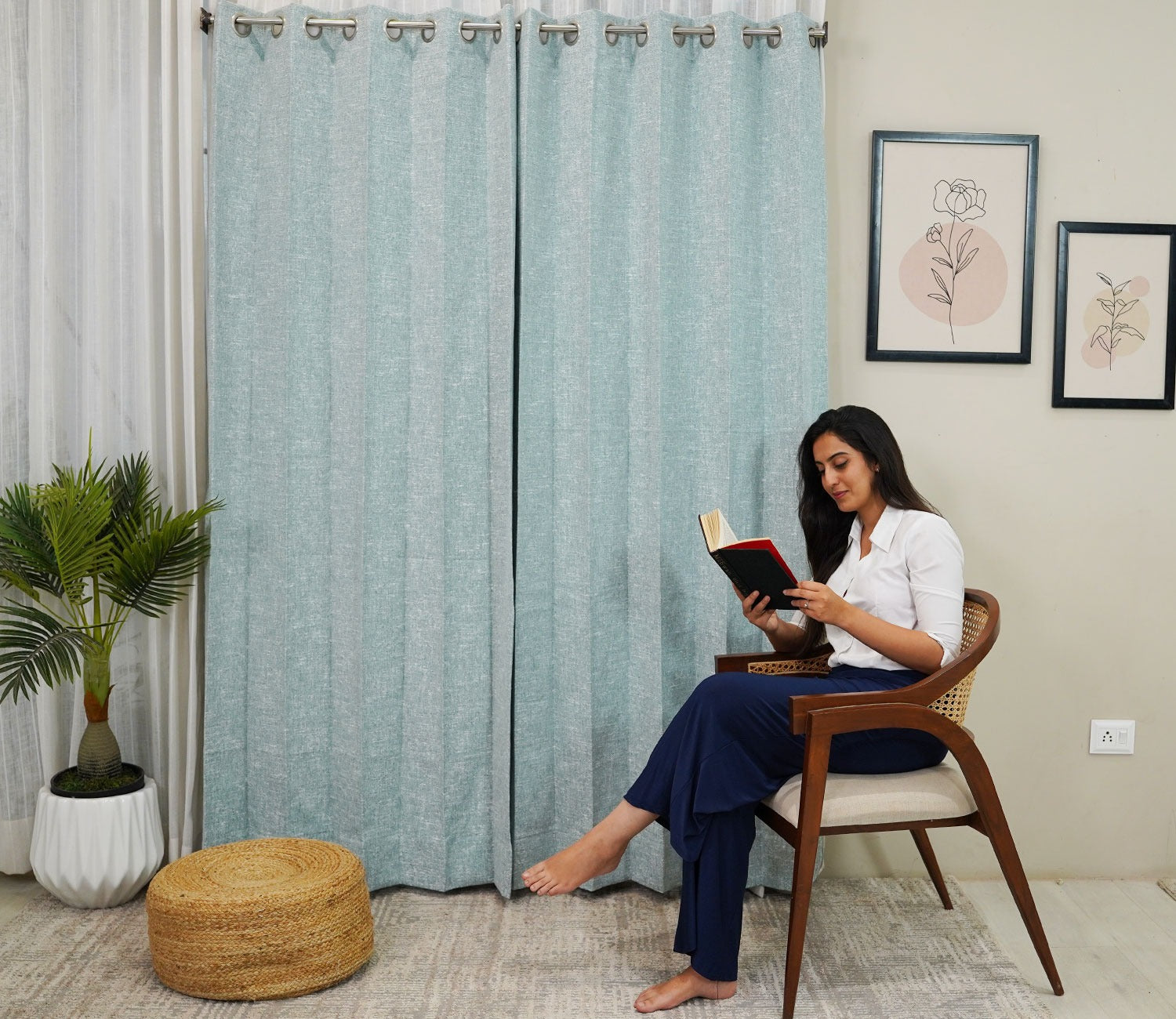 Solid Textured 1 Piece Light-Filtering Curtain (Blue, 7 Feet)