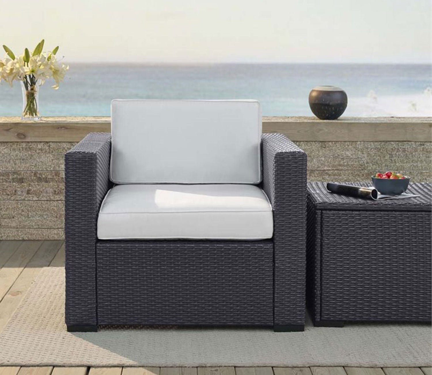 Dark Brown Rattan And Wicker Patio Sofa Cum Chair With White Cushions