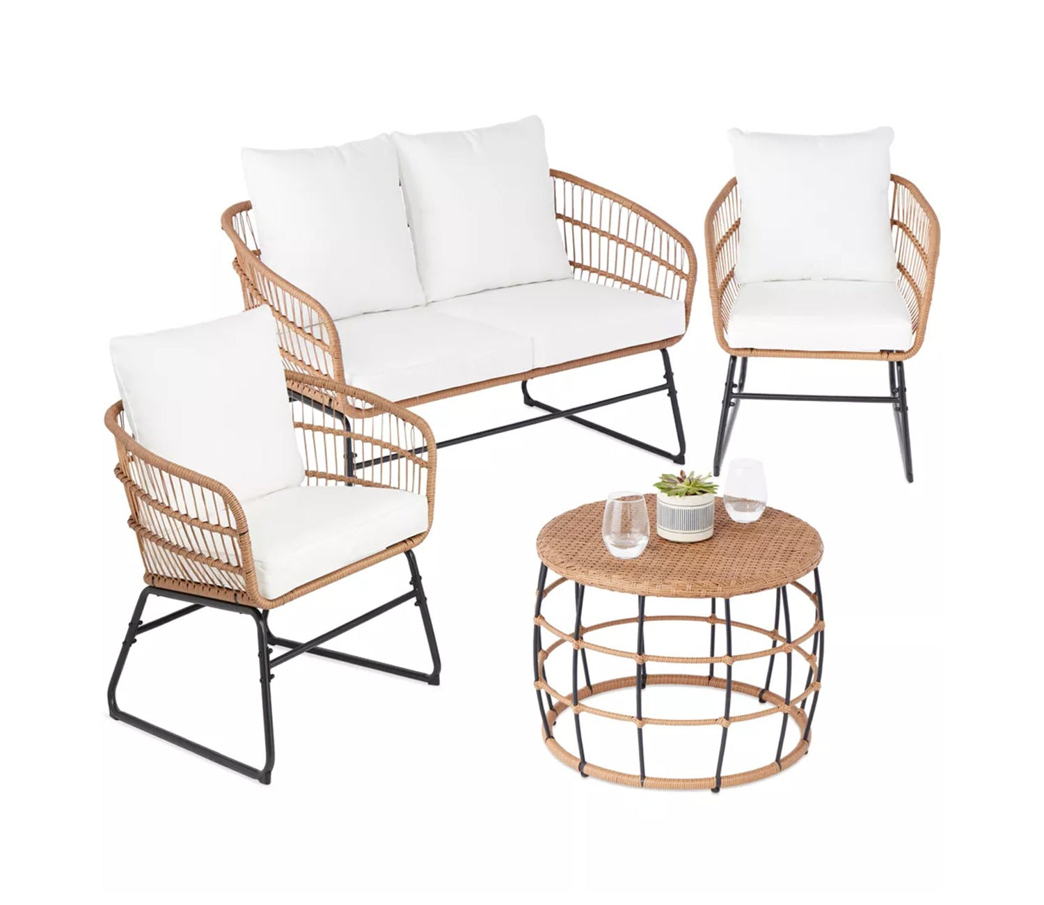 Beige Rope 4 Seater Sofa Set With Table And White Cushions