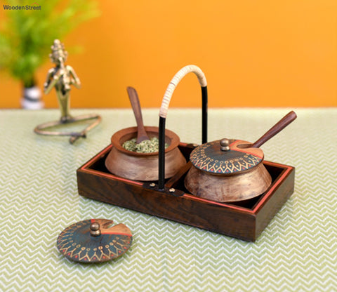 Brown Wooden Handi Set With Stylish Metal Handle Tray