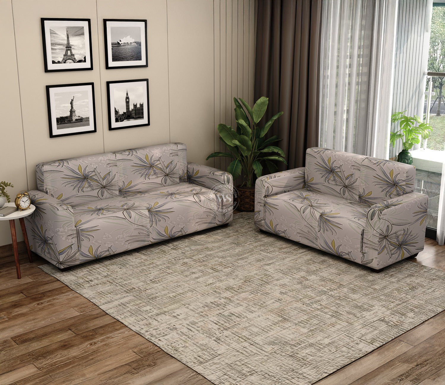 Cassia Floral Printed Polyester Spandex 3+2 Sofa Cover Set (Grey)