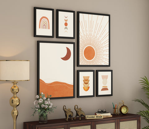 Neutral Hues Of Sun And Moon Wall Frame - Set Of 6 (Rectangle, Black, Canvas)