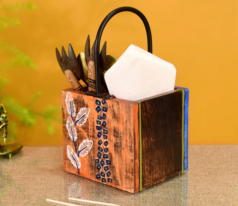 Multicolor Leaf Handcrafted Cutlery Holder in Mango Wood