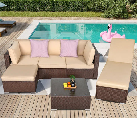 Dark Brown Rattan And Wicker 5 Seater Sofa Set With Table And Cream Cushions