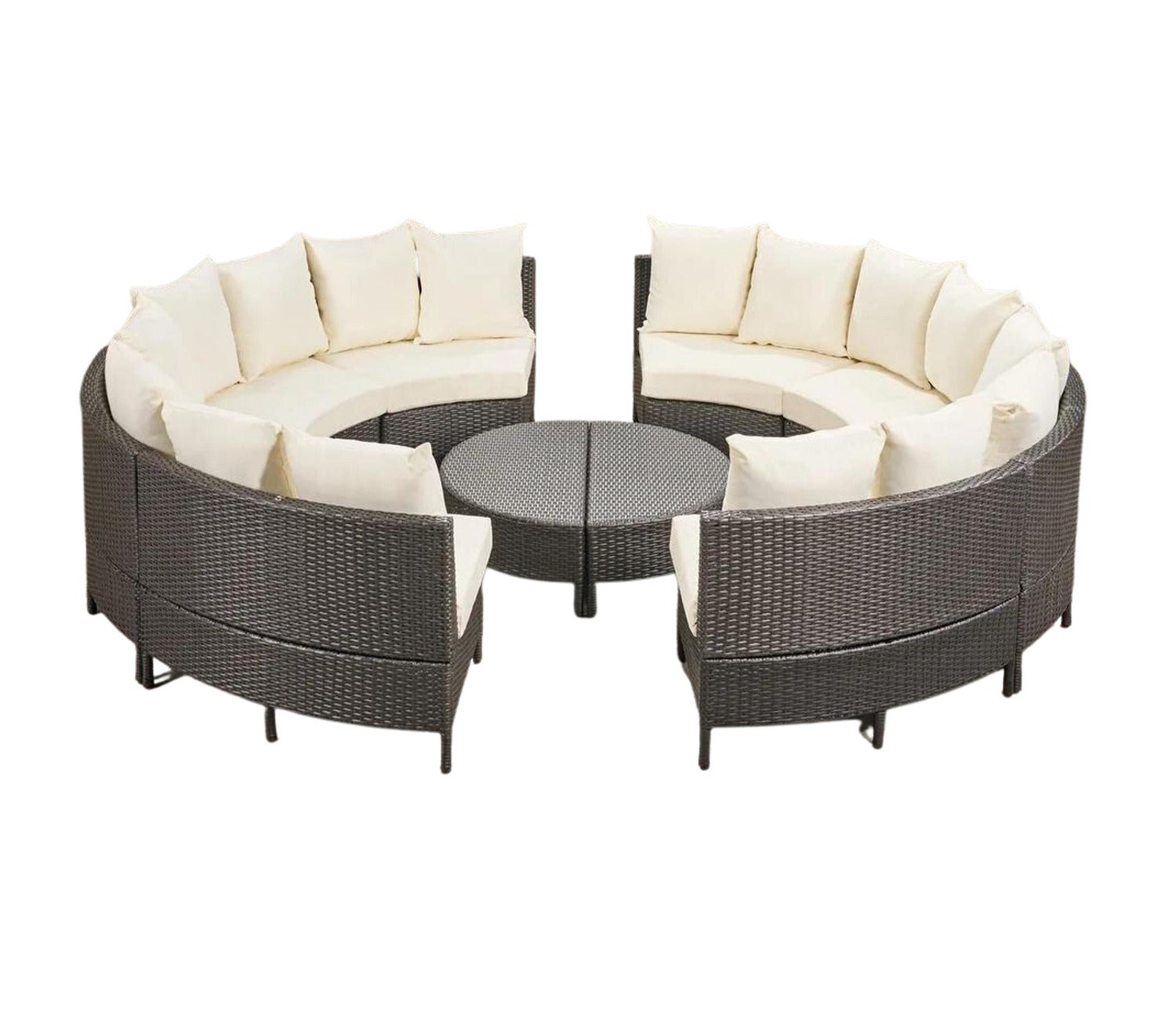 Dark Brown Rattan And Wicker 8 Seater Patio Set With Table And Cream Cushions