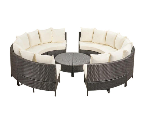 Dark Brown Rattan And Wicker 8 Seater Patio Set With Table And Cream Cushions