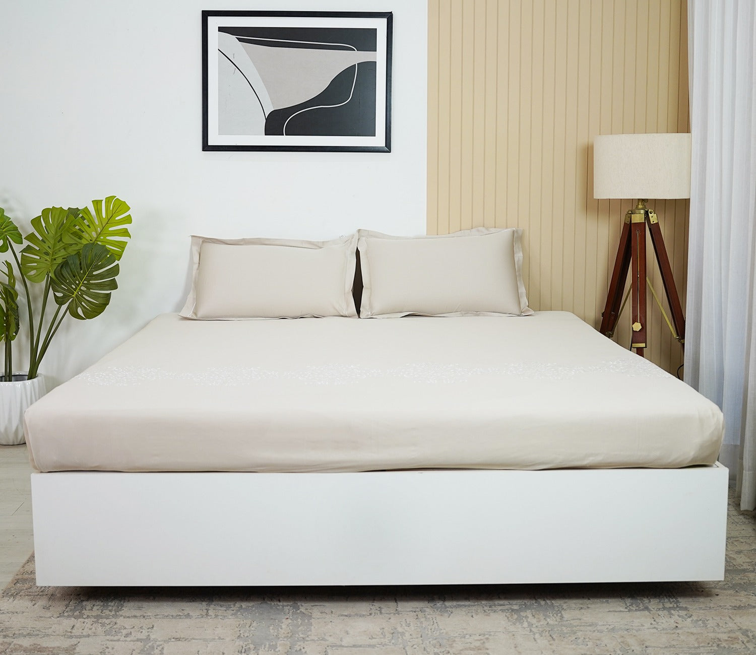 Foliate Embroidery 300 TC Flat Pure Cotton King Size Bedsheet With 2 Pillow Covers (Grey)