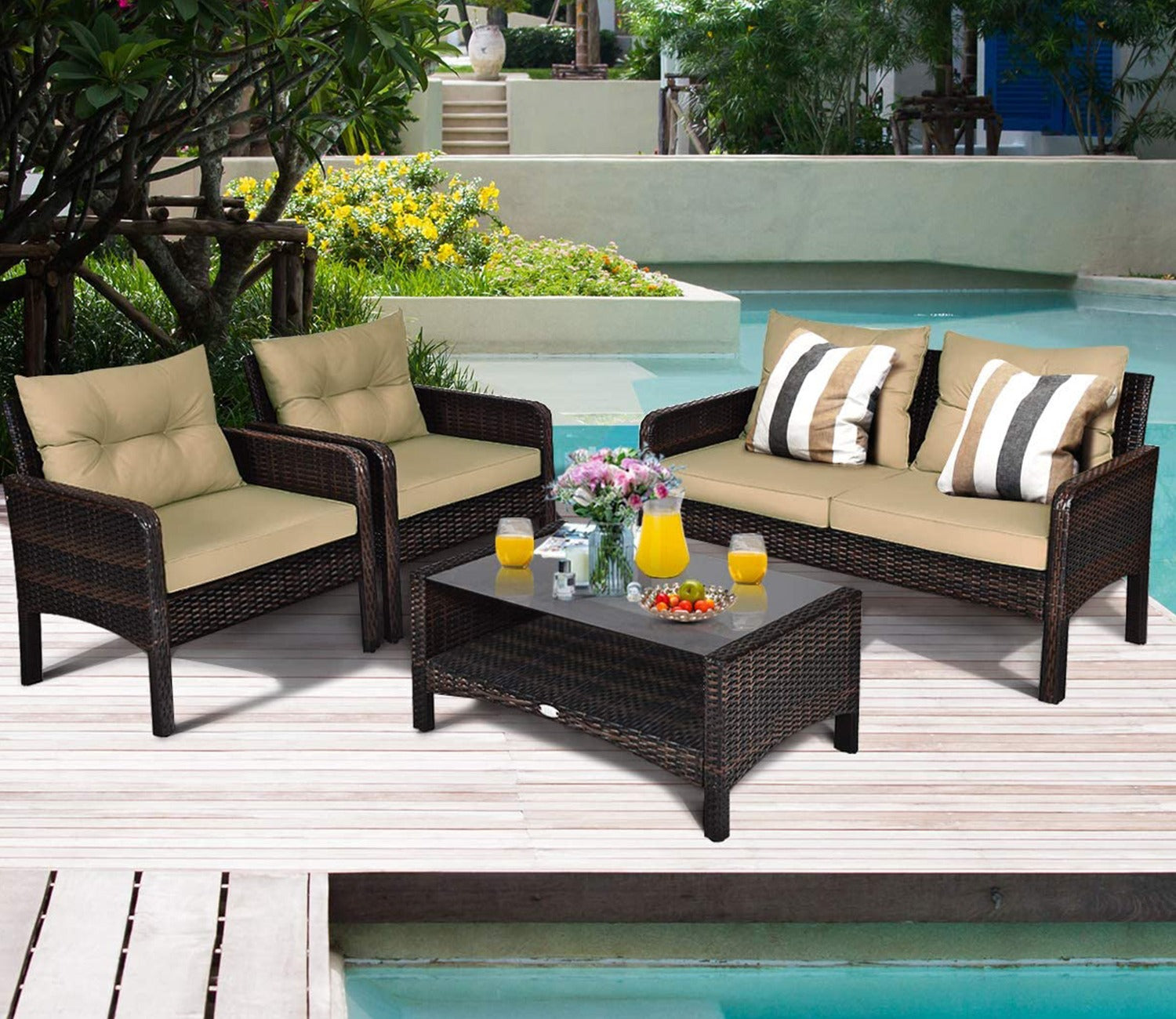 Dark Brown Rattan And Wicker Sofa Patio Set With Cream Cushions And Table