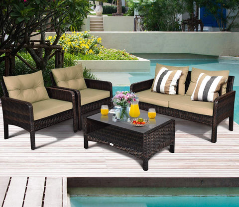 Dark Brown Rattan And Wicker Sofa Patio Set With Cream Cushions And Table