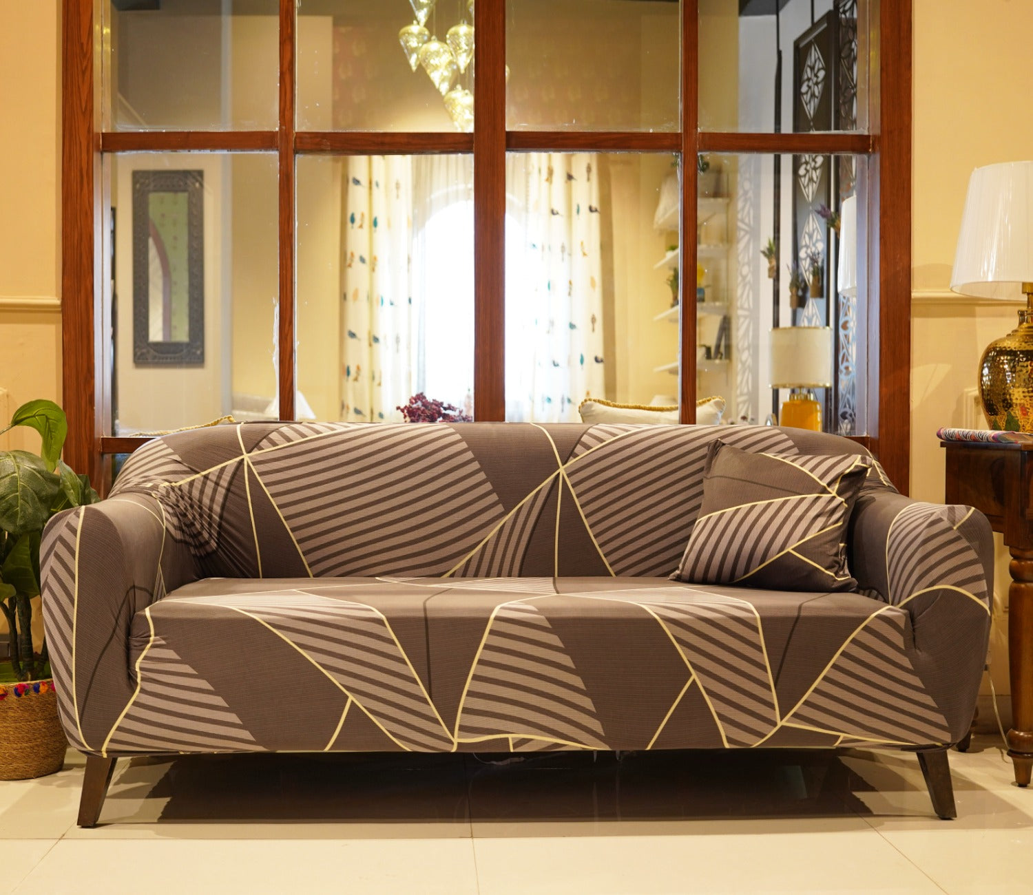 Cason Modern Abstract Printed Polyester Spandex 3 Seater Sofa Cover (Grey)