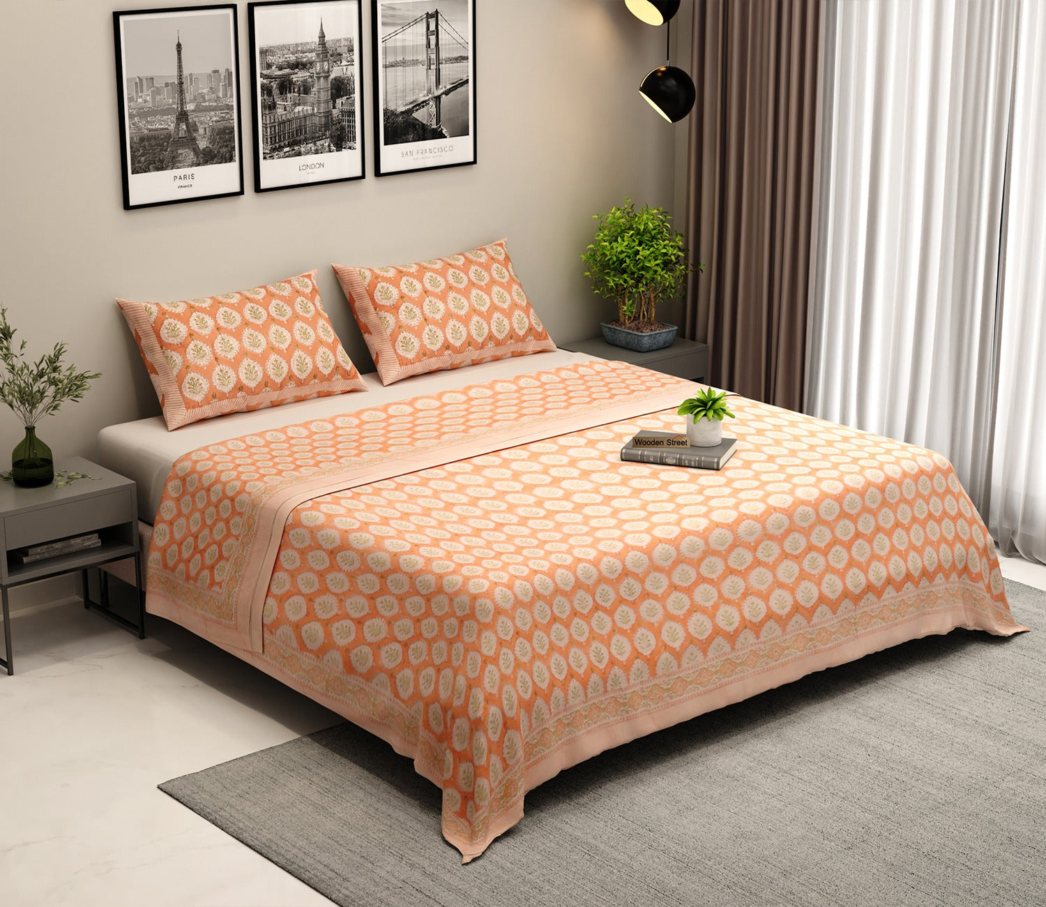 200 TC Floral Motif Double Bed Sheet - 100% Pure Cotton Bedsheet King Size With 2 Pillow Covers