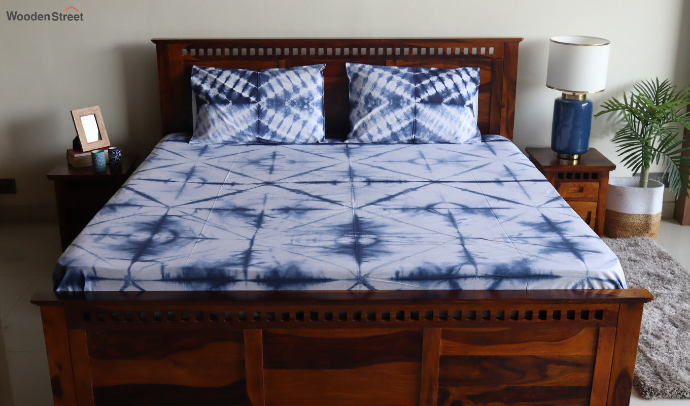 Tie and Die Indigo Contrast Double Bed Sheet with Pillow Covers