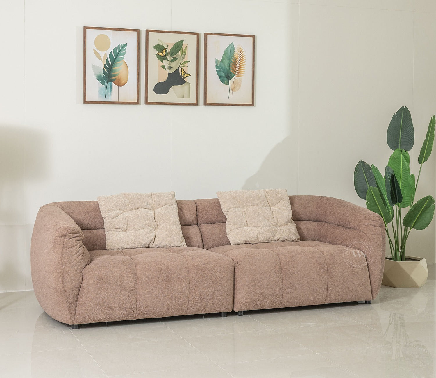 Skava Modern Bubble Tufted Fabric 3 Seater Sofa (Light Brown)