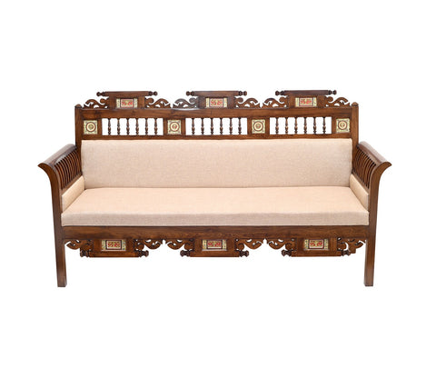 Maharaja-1 Three Seater Sofa in Teakwood with Walnut Finish adorned with Dhokra Brass Frames
