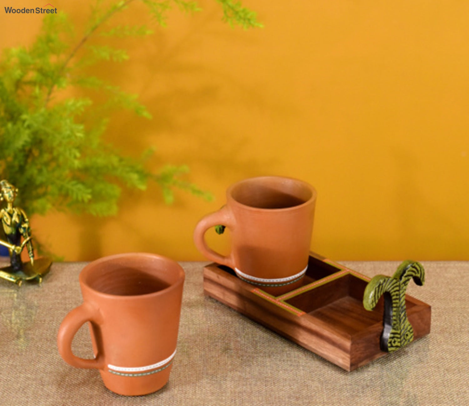 Happy Morning Earthen Coffee Mugs With Metal Handle Tray