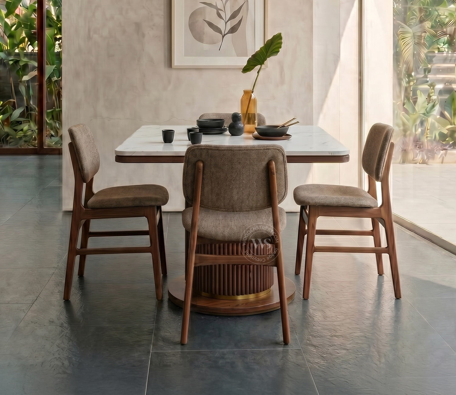 Samanvi 4 Seater Sheesham Wood Dining Table Set with Saumik Marble Top Table and Vinara Chair (Sand Brown)