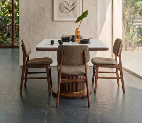 Samanvi 4 Seater Sheesham Wood Dining Table Set with Saumik Marble Top Table and Vinara Chair (Sand Brown)