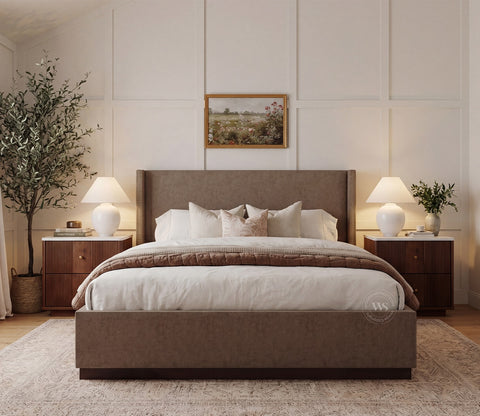 Kesarth Luxe Upholstered Hydraulic Storage Bed with High-Rise Headboard (King Size, Sand Brown)