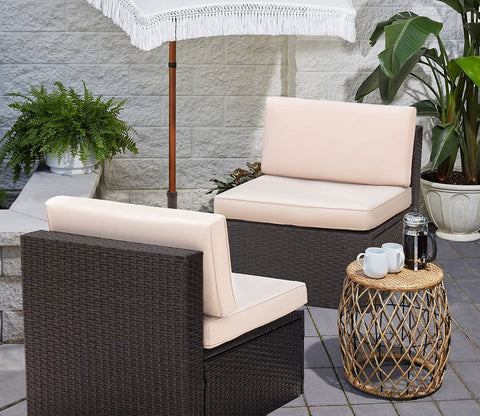 Dark Brown Rattan And Wicker Patio Sofa Cum Chair And Cream Cushions (Set Of 2)