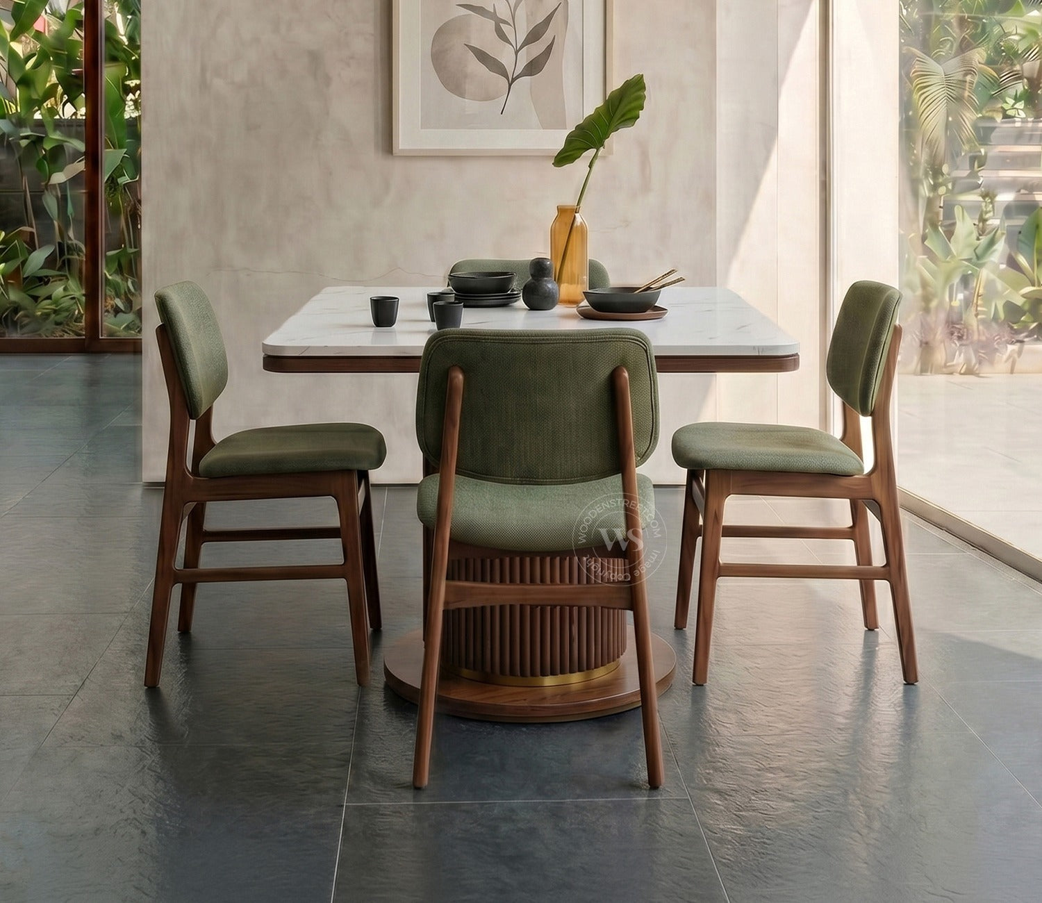 Samanvi 4 Seater Sheesham Wood Dining Table Set with Saumik Marble Top Table and Vinara Chair (Sage Green)