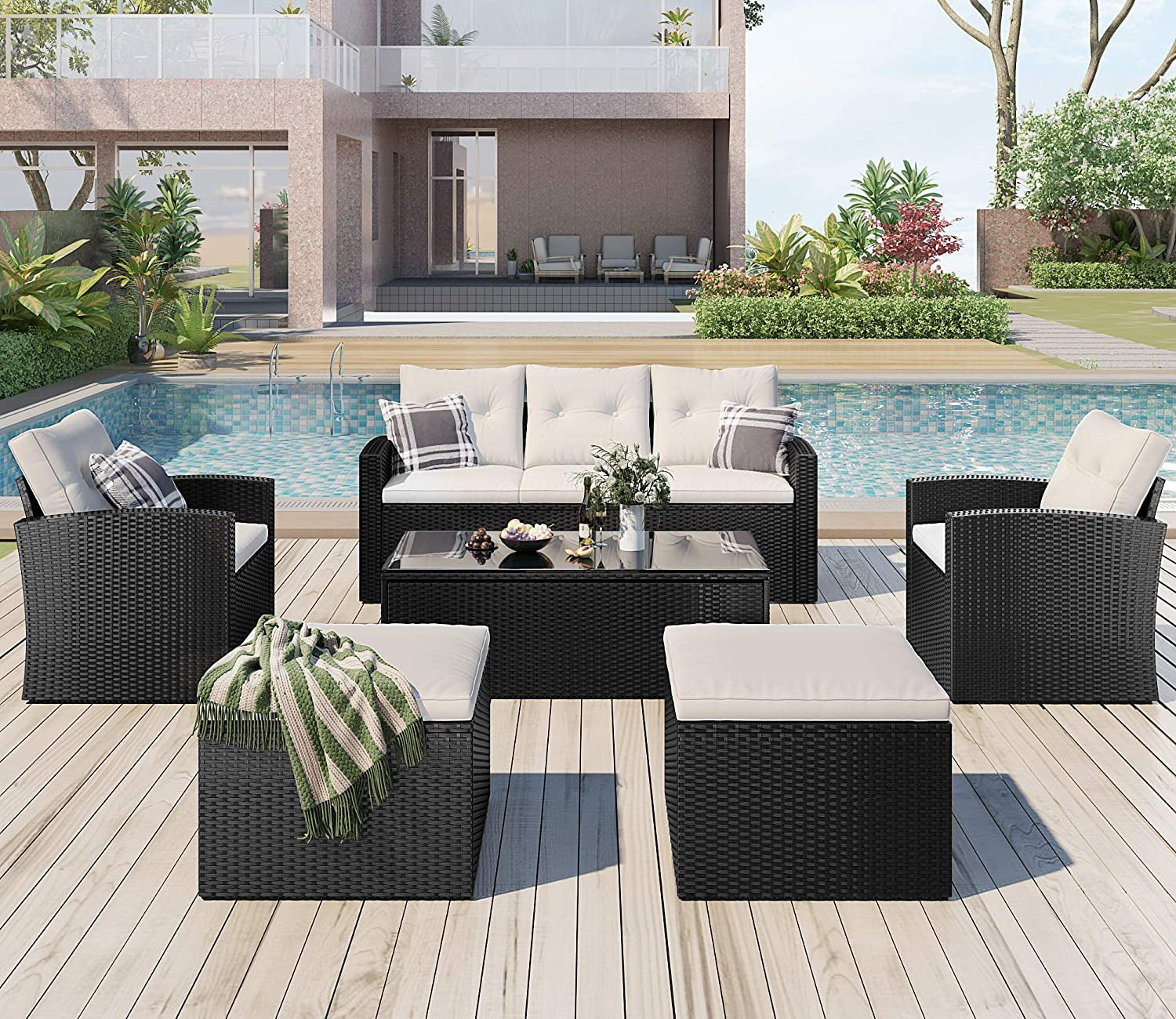Black Rattan And Wicker 7 Seater Sofa Set With Table And Offwhite Cushions