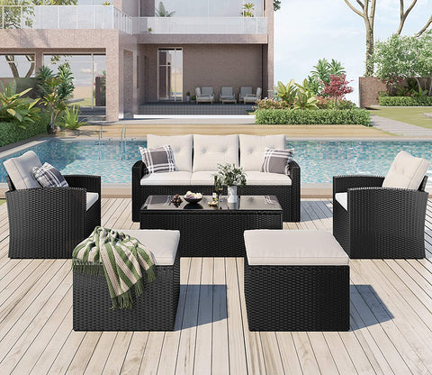 Black Rattan And Wicker 7 Seater Sofa Set With Table And Offwhite Cushions