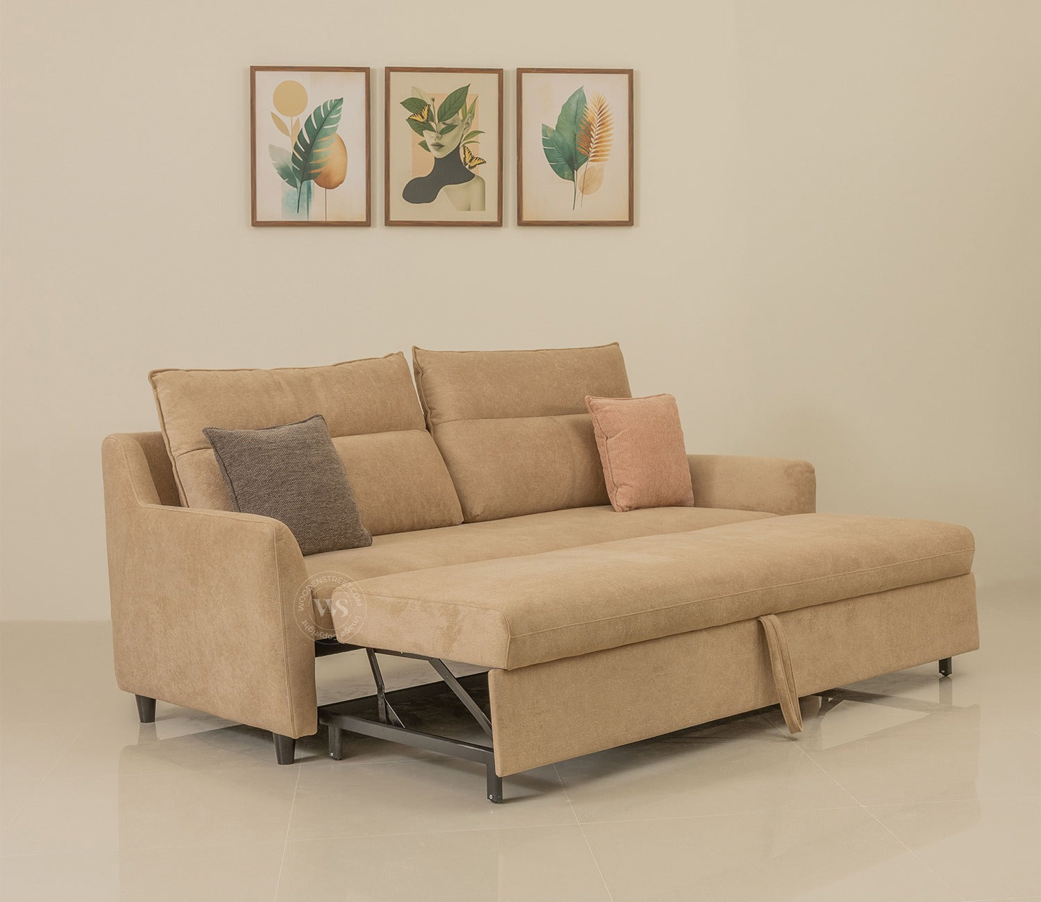 Tevo 3-Seater Sofa Cum Bed | Pull-Out Bed Mechanism | Fabric Upholstery (Beige)