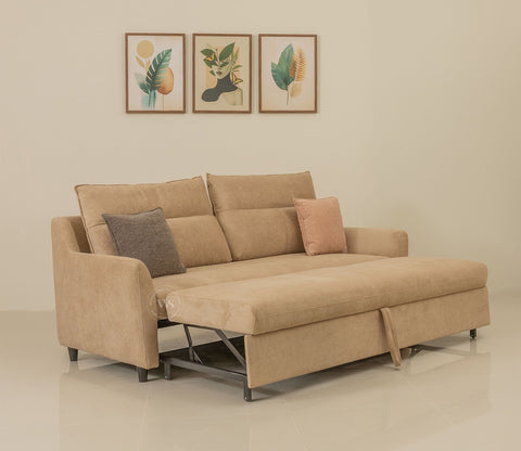Tevo 3-Seater Sofa Cum Bed | Pull-Out Bed Mechanism | Fabric Upholstery (Beige)
