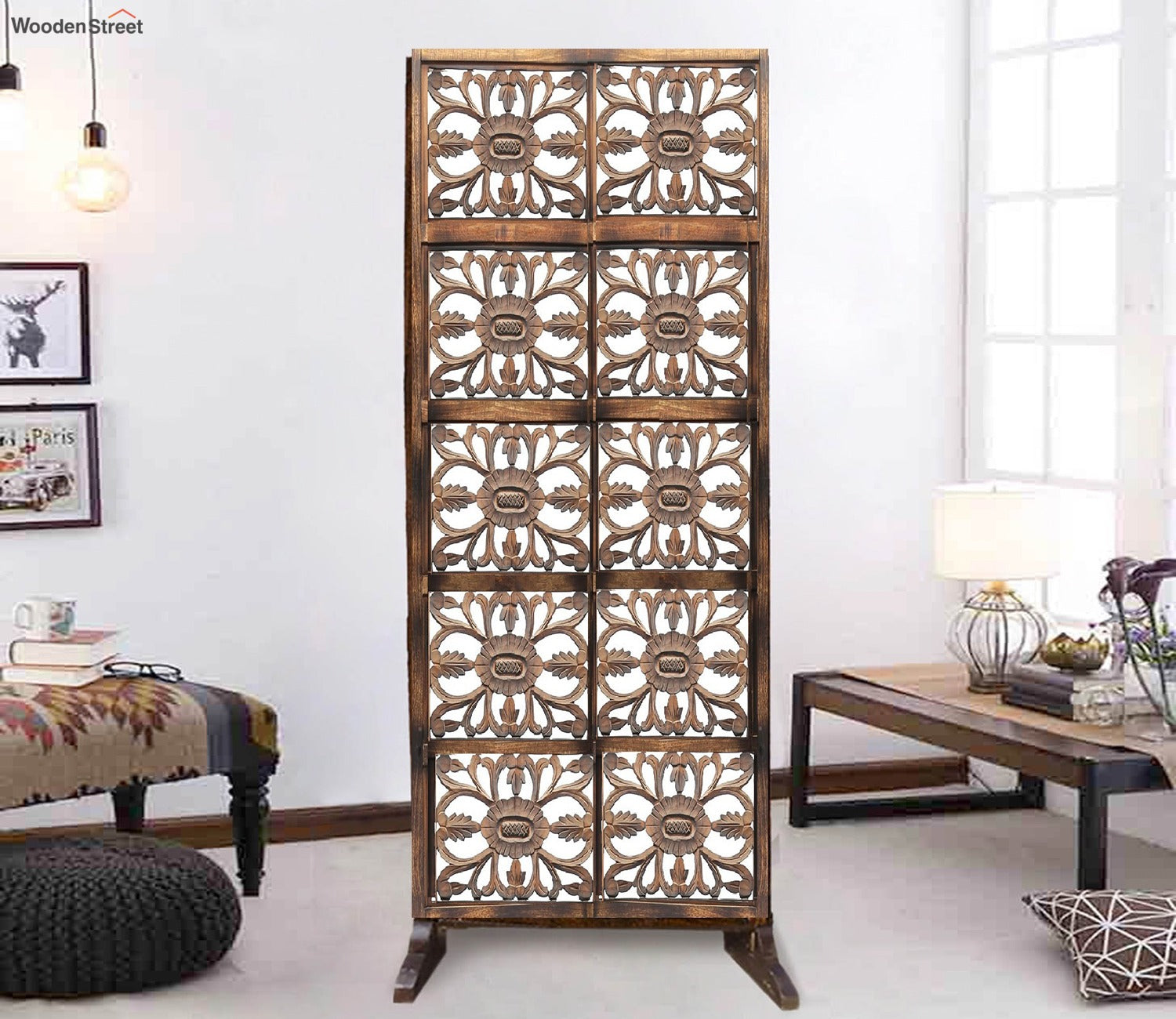 Mason Floral Hand Carved Wooden Room Divider Single Panel With Stand