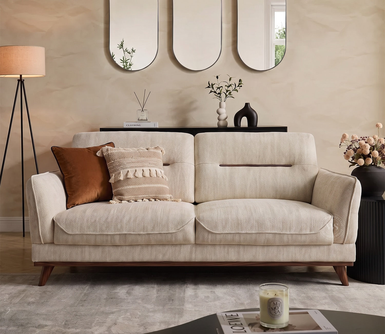 Alvaro 3 Seater Fabric Sofa with Wooden Accents (Cotton, Cottage Ivory)