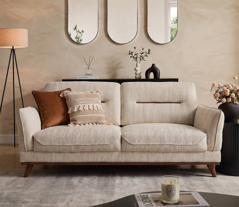Alvaro 3 Seater Fabric Sofa with Wooden Accents (Cotton, Cottage Ivory)