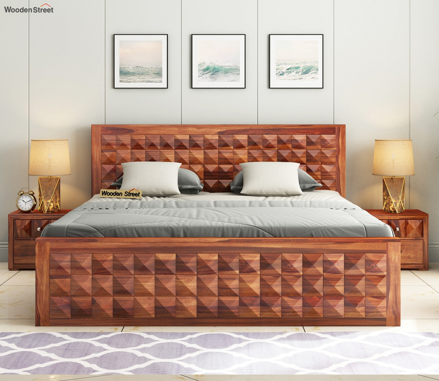 Morse Sheesham Wood Bed With Box Storage (Queen Size, Honey Finish)