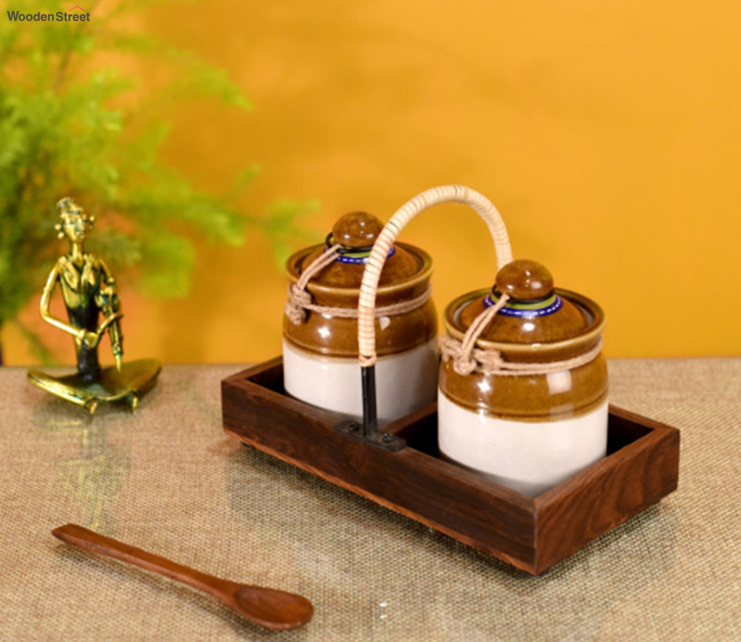Brown Colour Cane Emblished Wooden Tray With Barni Set